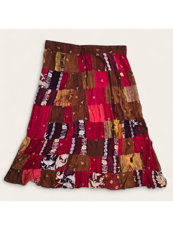 None and/or Unknown Dresses & Skirts - Boho Chic Patchwork Cottage Style Brown And Pink Maxi Skirt